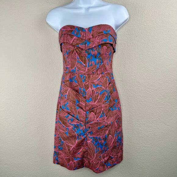 Rachel Roy Pink Green Tropical Linen Blend Pleated Strapless Mini Sheath Dress 0 - Picture 14 of 15